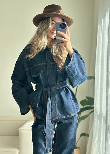 Kadın Lacivert Kemerli Denim Ceket Takım - Görsel 6