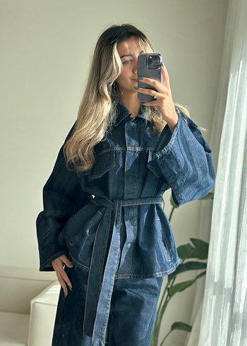 Kadın Lacivert Kemerli Denim Ceket Takım - Görsel 3