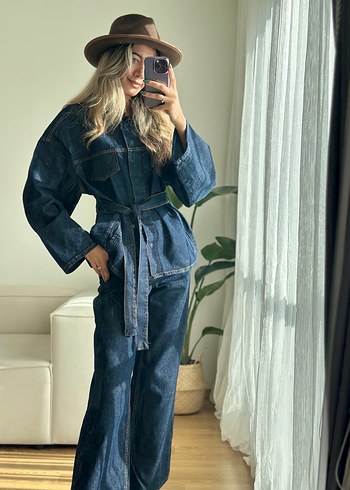 Kadın Lacivert Kemerli Denim Ceket Takım - Görsel 10