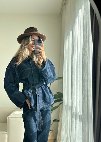 Kadın Lacivert Kemerli Denim Ceket Takım - Görsel 9