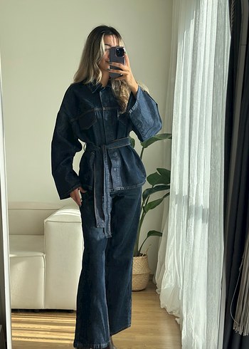 Kadın Lacivert Kemerli Denim Ceket Takım - Görsel 7