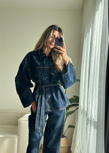 Kadın Lacivert Kemerli Denim Ceket Takım - Görsel 5