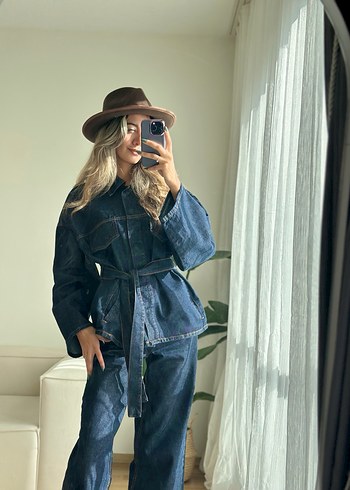 Kadın Lacivert Kemerli Denim Ceket Takım - Görsel 8