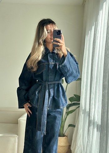 Kadın Lacivert Kemerli Denim Ceket Takım - Görsel 2