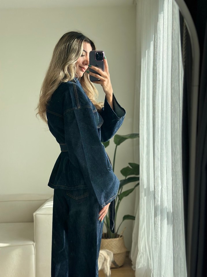 Kadın Lacivert Kemerli Denim Ceket Takım - Görsel 4