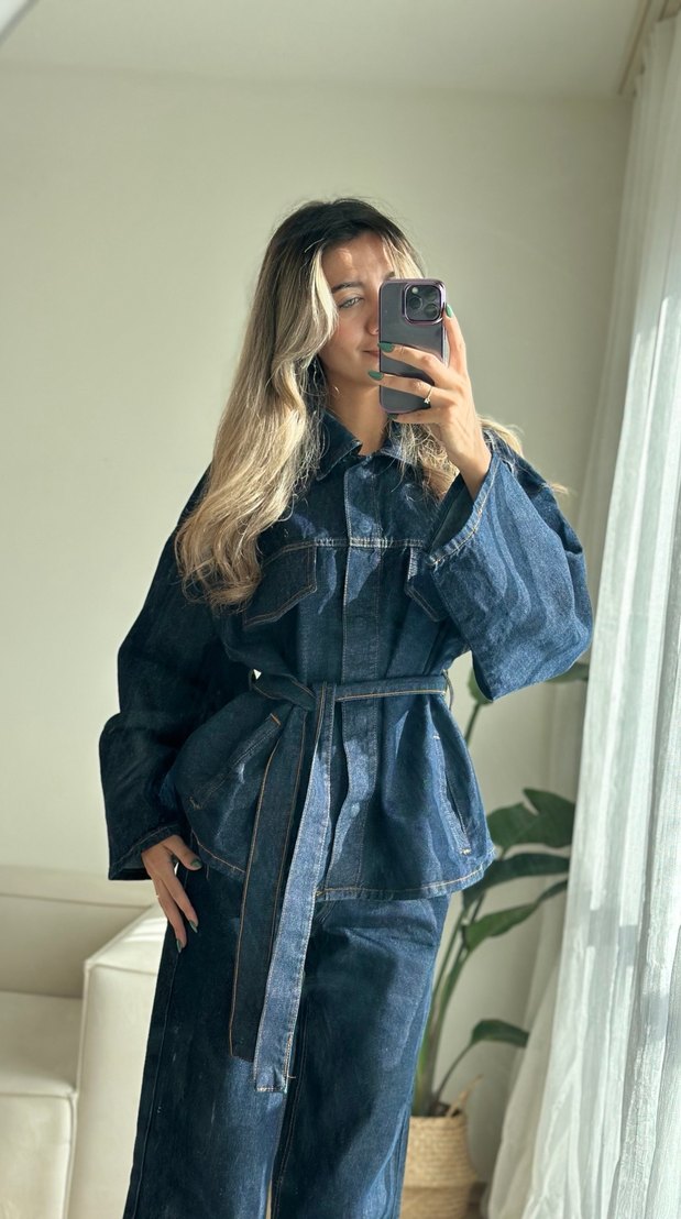 Kadın Lacivert Kemerli Denim Ceket Takım - Görsel 3