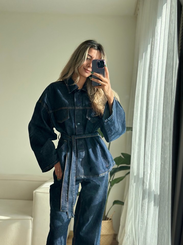 Kadın Lacivert Kemerli Denim Ceket Takım - Görsel 5