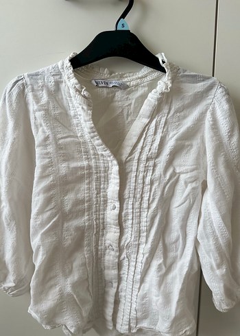 Düğmeli Beyaz Keten Kadın Gömlek - Görsel 2