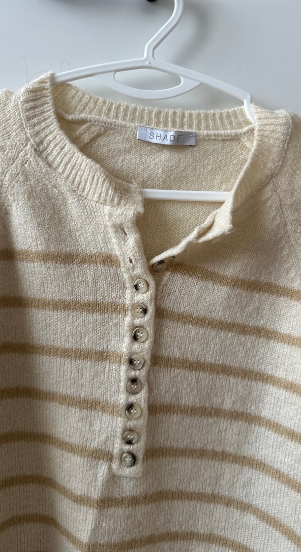 Bej Çizgili Örgü Kadın Kazak - Görsel 2