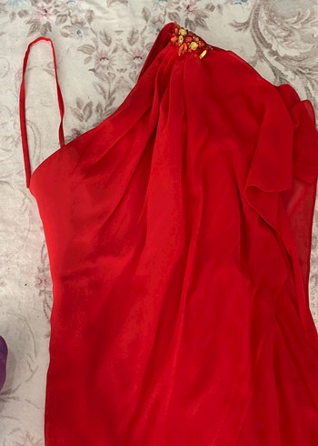 Kırmızı Drapeli Uzun Abiye Elbise - Görsel 3