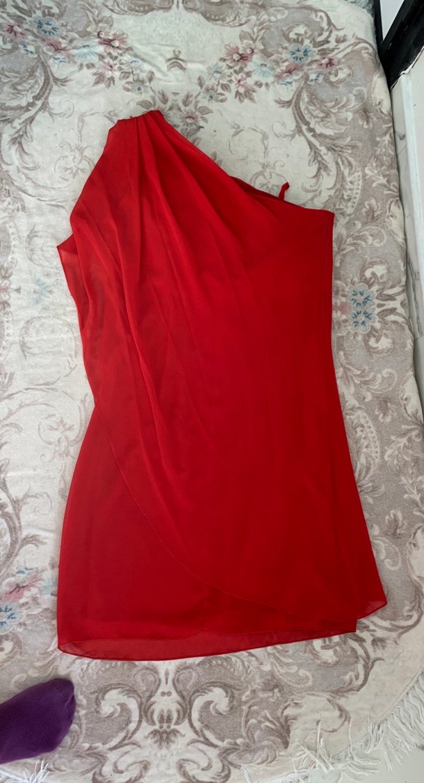 Kırmızı Drapeli Uzun Abiye Elbise - Görsel 5