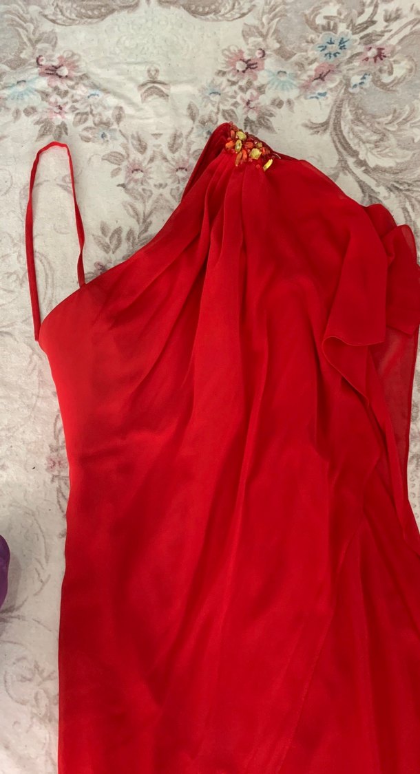 Kırmızı Drapeli Uzun Abiye Elbise - Görsel 3