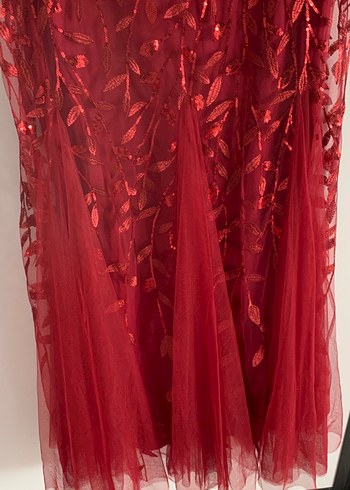 Bordo Nakışlı Uzun Drapeli Abiye Elbise - Görsel 3