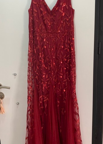 Bordo Nakışlı Uzun Drapeli Abiye Elbise - Görsel 5