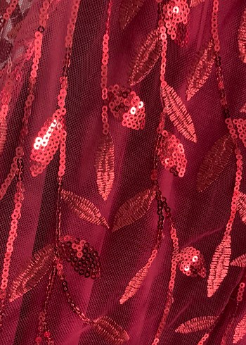 Bordo Nakışlı Uzun Drapeli Abiye Elbise - Görsel 4