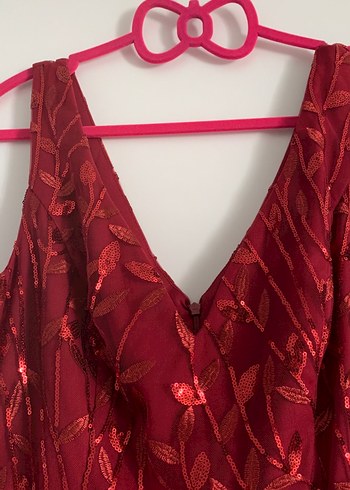 Bordo Nakışlı Uzun Drapeli Abiye Elbise - Görsel 2