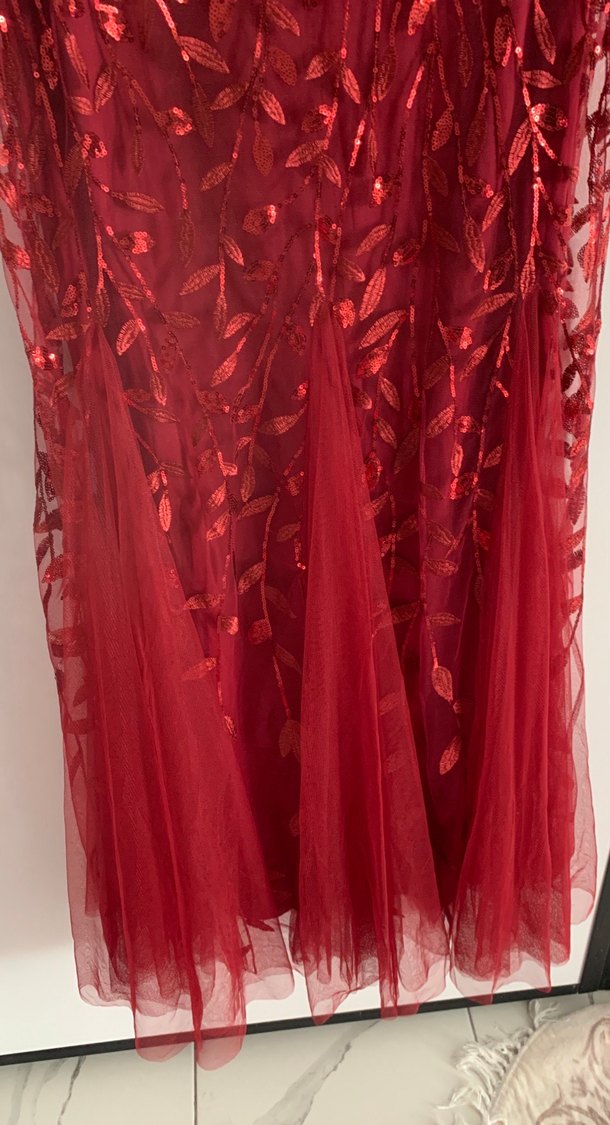 Bordo Nakışlı Uzun Drapeli Abiye Elbise - Görsel 3