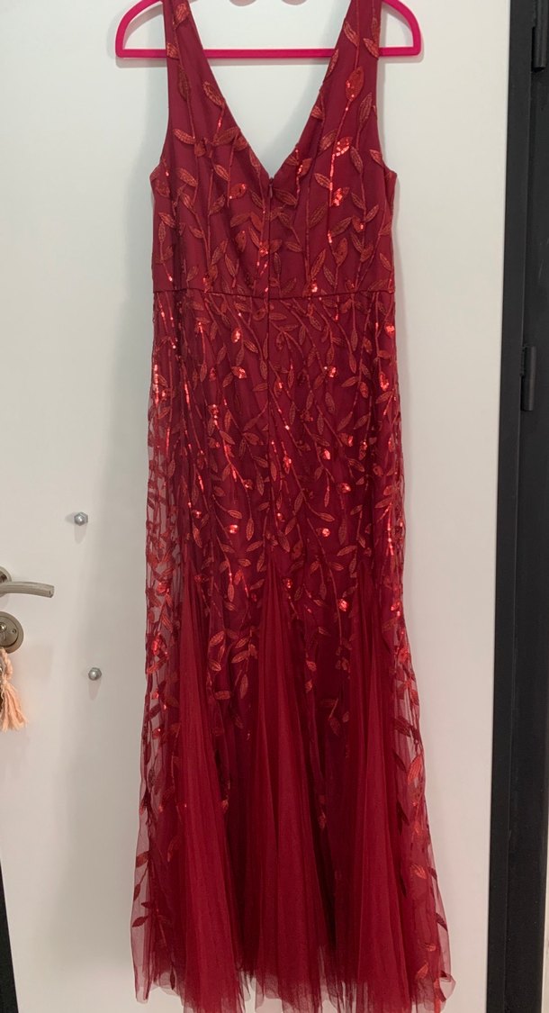 Bordo Nakışlı Uzun Drapeli Abiye Elbise - Görsel 5