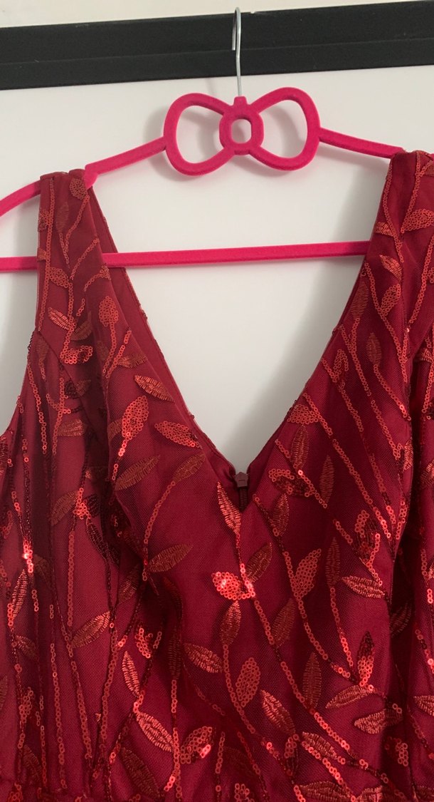 Bordo Nakışlı Uzun Drapeli Abiye Elbise - Görsel 2