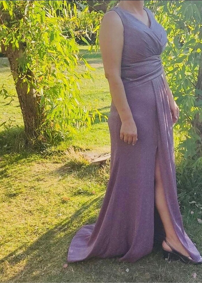 Lila Mor Uzun Yırtmaçlı Simli Abiye Elbise - Görsel 2