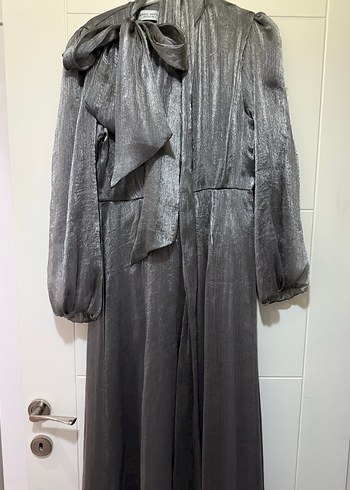 Zara Gri Keten Uzun Drapeli Kadın Elbise
