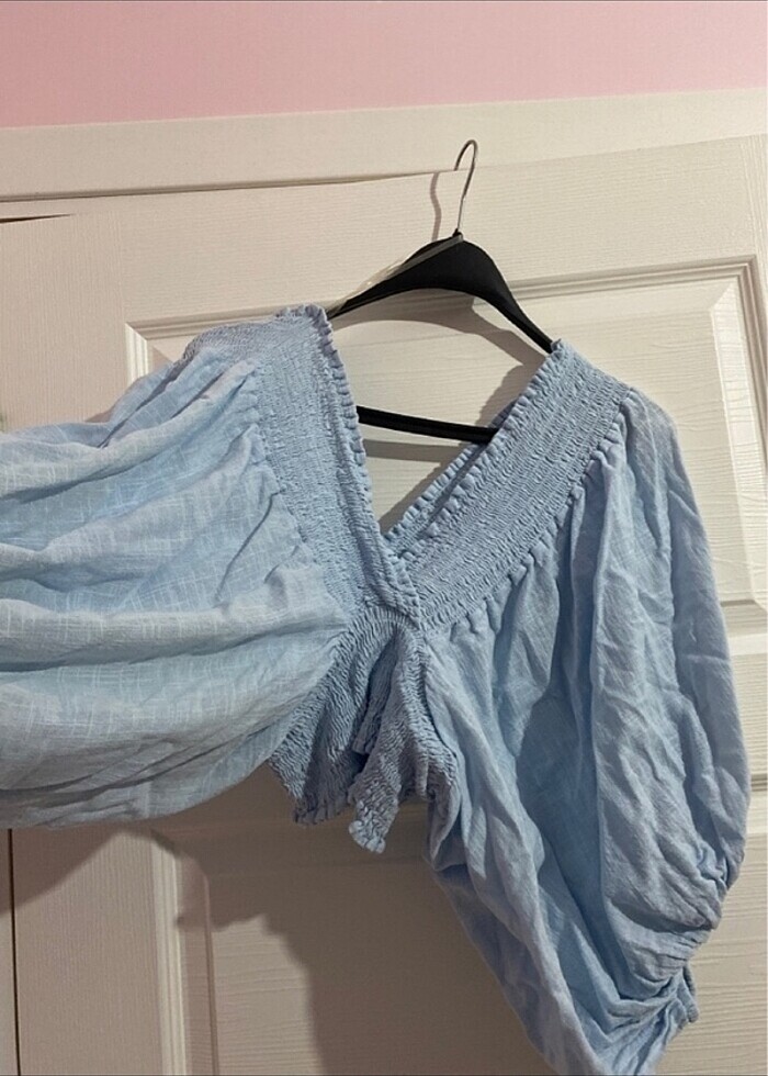 bebek mavisi keten büzgülü bluz - Görsel 2