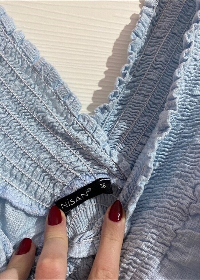 bebek mavisi keten büzgülü bluz - Görsel 3