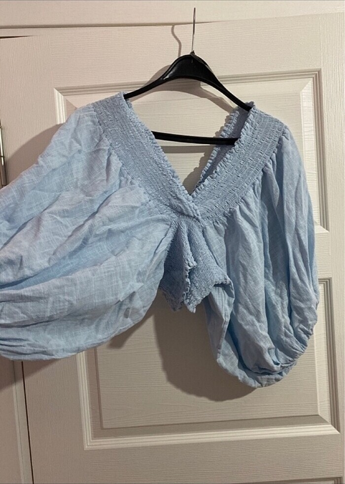bebek mavisi keten büzgülü bluz - Görsel 4