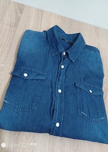 m Beden Düğmeli Mavi Denim Erkek Gömlek M beden