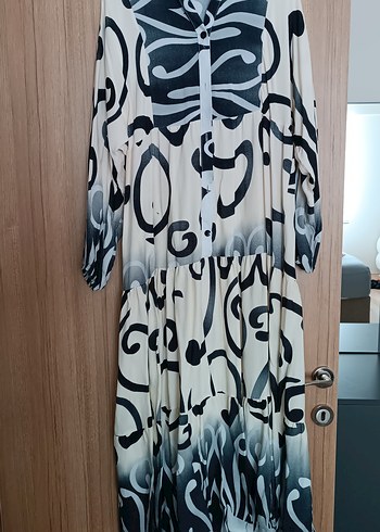 Gri Batik Desenli Uzun Bohem Kadın Elbise