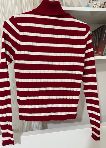 Bordo Çizgili Boğazlı Kadın Kazak - Görsel 4