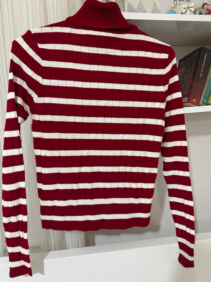 Bordo Çizgili Boğazlı Kadın Kazak - Görsel 4