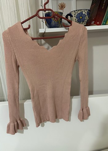 Bej V Yaka İnce Triko Kadın Kazak - Görsel 2