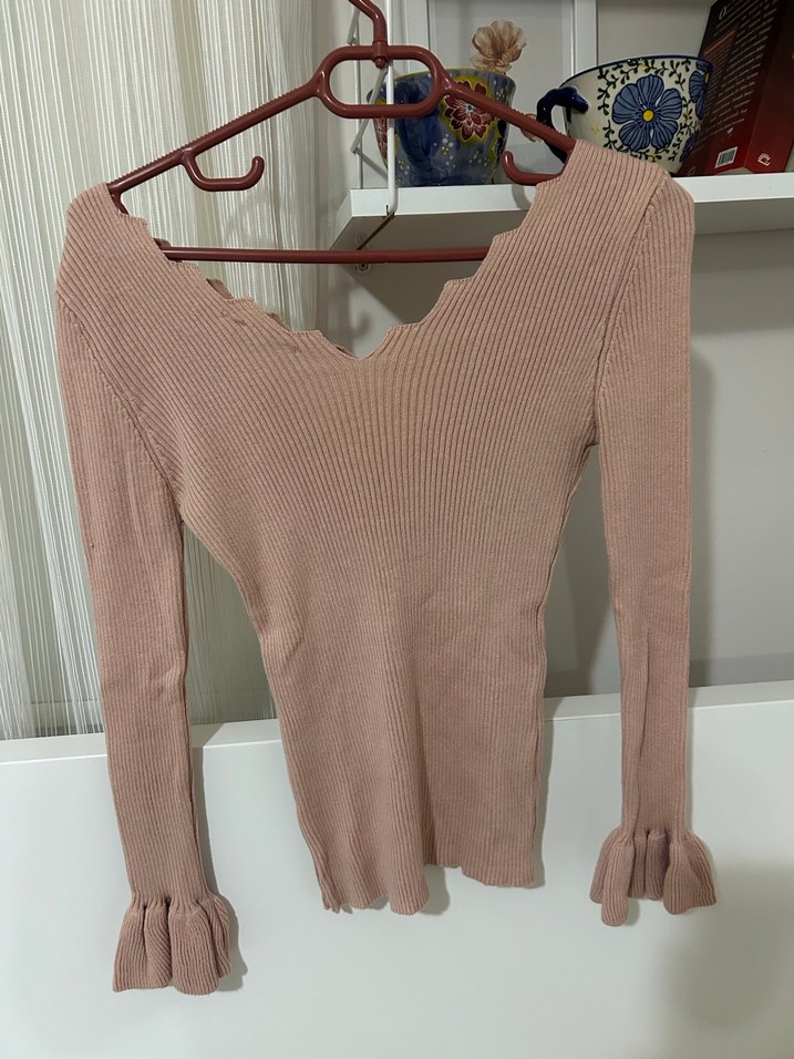 Bej V Yaka İnce Triko Kadın Kazak - Görsel 4