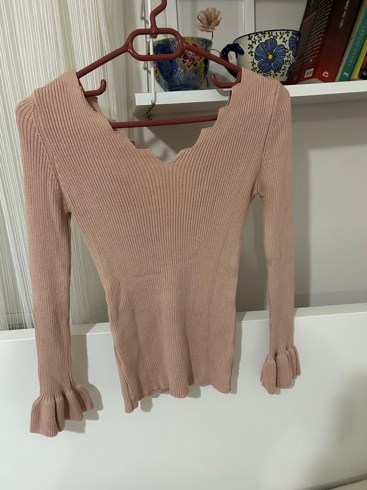 Bej V Yaka İnce Triko Kadın Kazak - Görsel 2