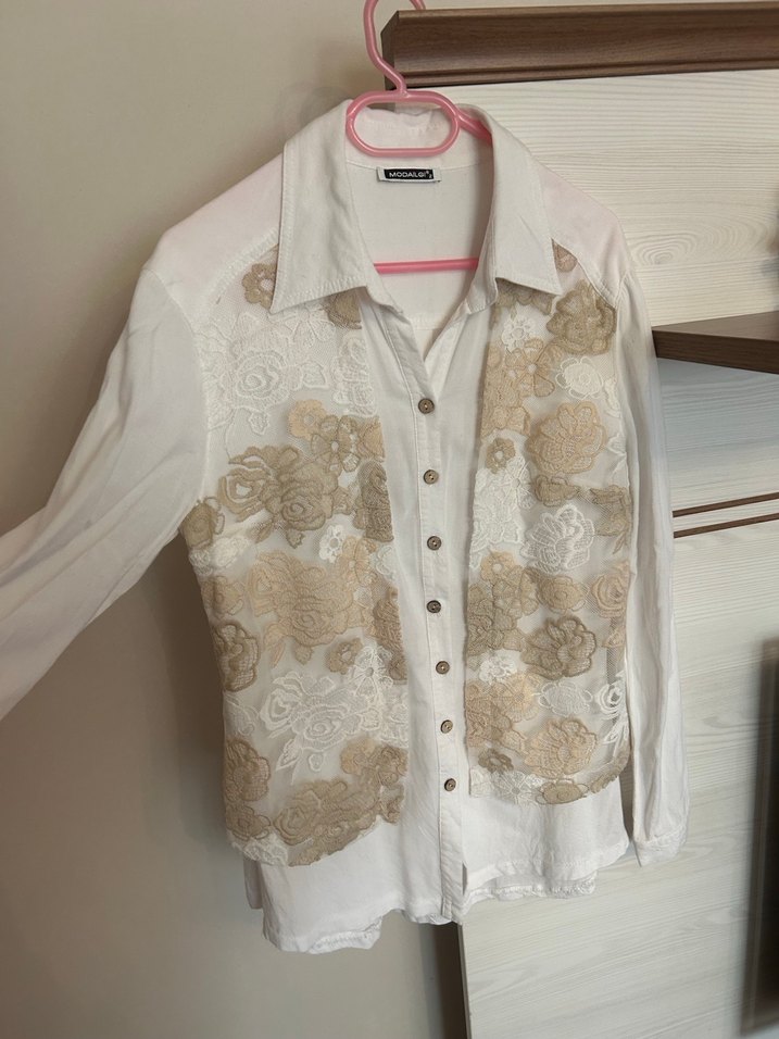 Nakışlı Bohem Beyaz Keten Gömlek - Görsel 2