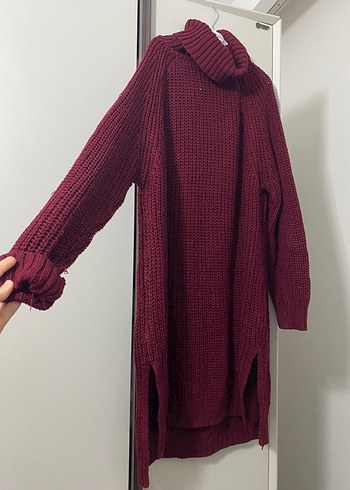 Bordo Örgü Boğazlı Midi Kadın Kazak tunik