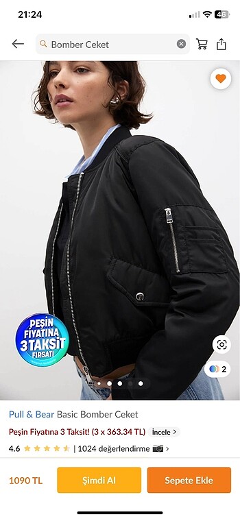 Bomber ceket pull and bear XS güncel fiyat uygulamada 1090 tl