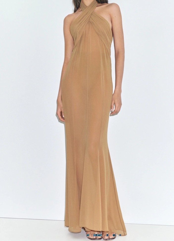Mango Yarı şeffaf kruvaze yaka uzun elbise - Görsel 2
