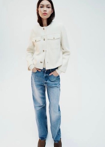 Zara Düğmeli Beyaz Mini Kadın Kaban