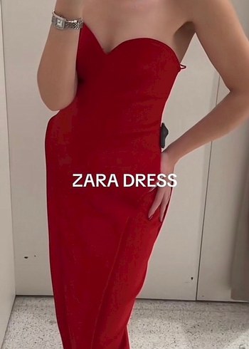 m Beden Uzun Kırmızı Straplez Kalem Elbise