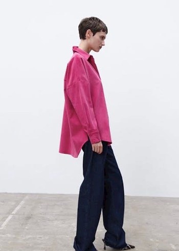 Pembe Bağlama Desenli Denim Kadın Gömlek
