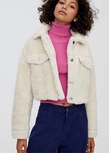 Beyaz Peluş Turtleneck Kadın Ceket