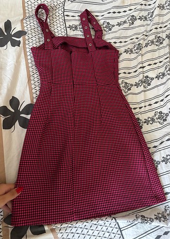 xs Beden Bordo Kareli Askılı Midi Elbise