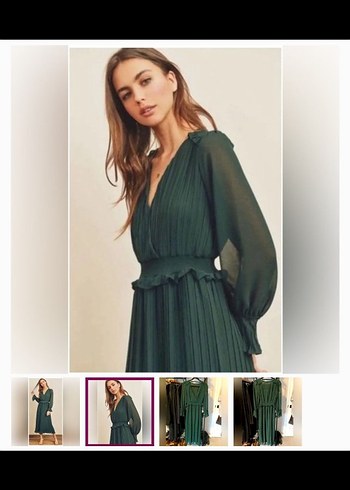 Zara Kadın Koyu Yeşil V Yaka Pilili Uzun Elbise