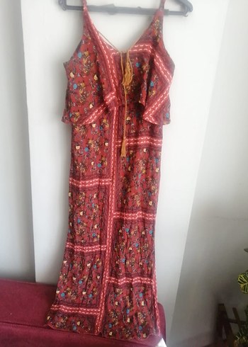 Bordo Bohem V Yaka Uzun Elbise - Görsel 2