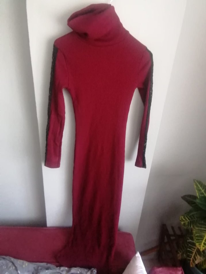 Bordo Uzun Kollu Balıkçı Yaka elbise - Görsel 2