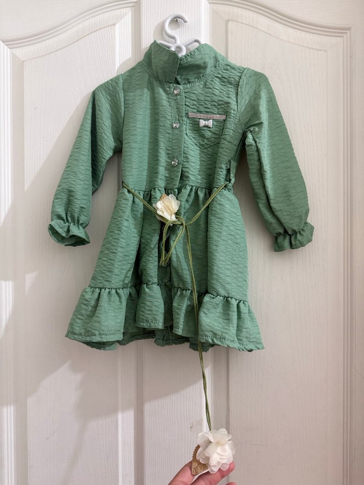 Kız Çocuk Yeşil uzun kollu elbise - Görsel 3