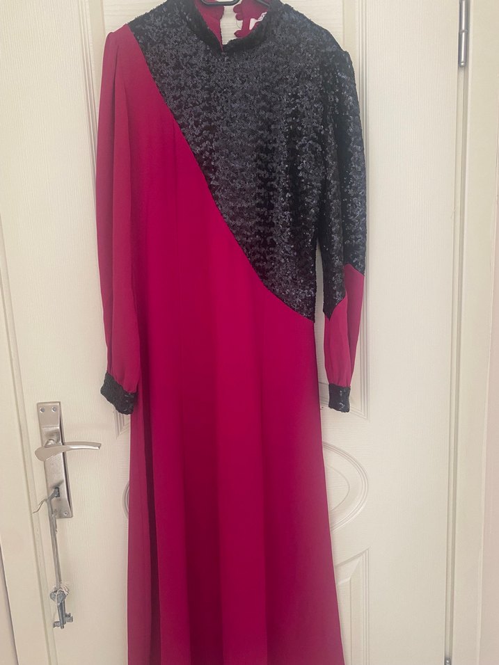 Bordo Vintage Desenli Uzun Elbise - Görsel 4