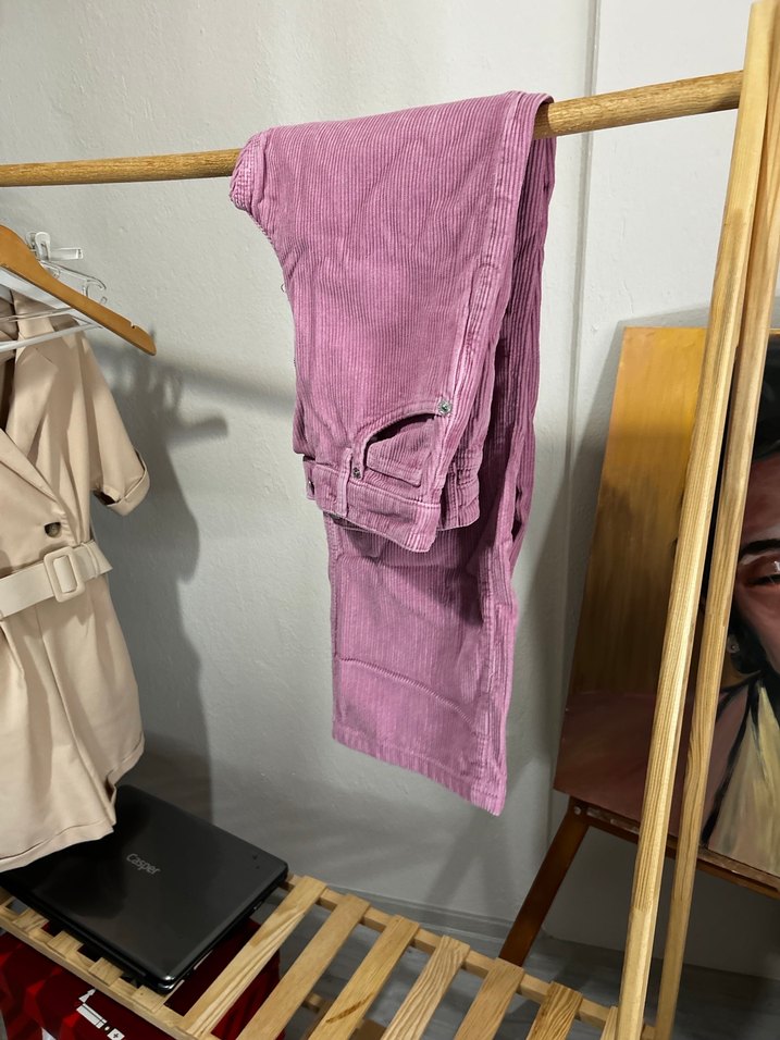 Düğmeli Pembe Normal Boy Kadın Keten Pantolon - Görsel 3